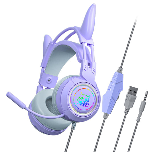 SY-G25 Devil Ears Design RGB Lighting Wired Control Gaming Earphone 3D Surround Sound Game Headset with HD Mic