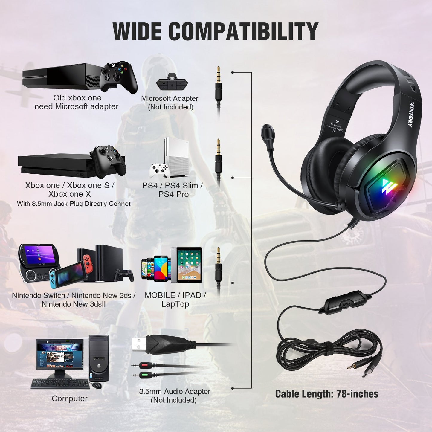 WINTORY M1 Wired Over-Ear E-sports Headphone Professional Gaming Headset with Colorful LED Light