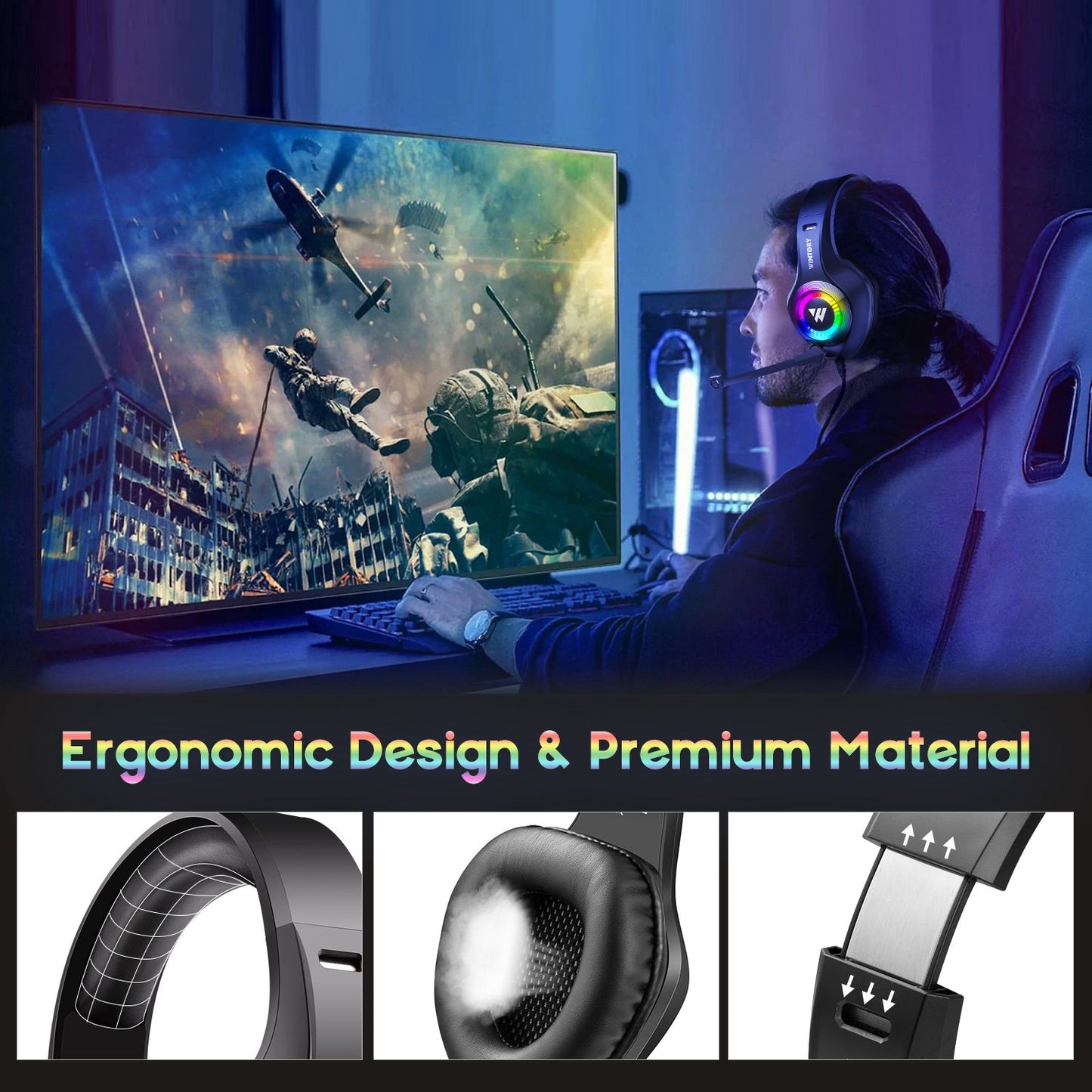 WINTORY M3 Wired Over-Ear E-sports Headphone Ergonomic Computer Gaming Headset with RGB Light