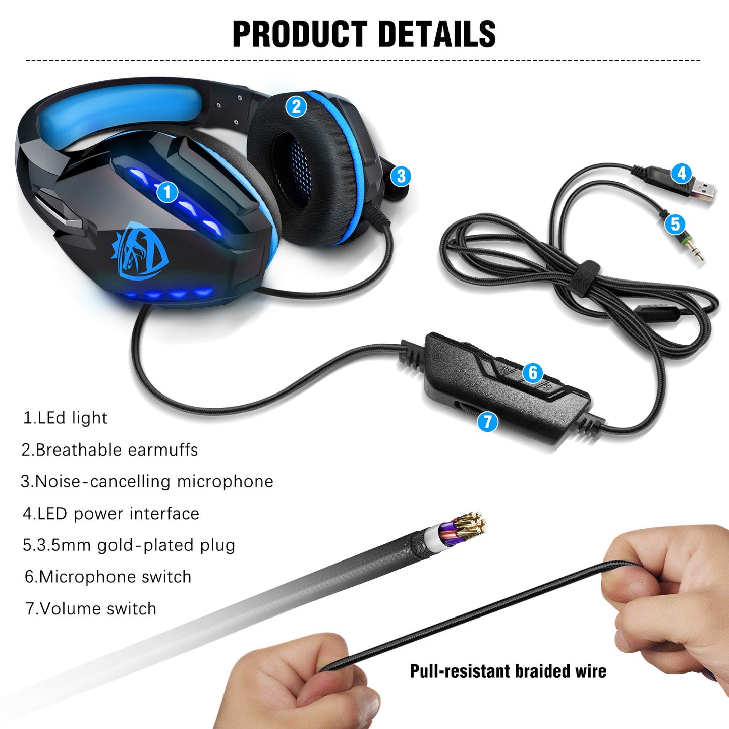 SOULBYTES S11 USB+3.5mm Wired Over-Ear E-sports Headphone Cool LED Light Gaming Headset with Rotatable Microphone