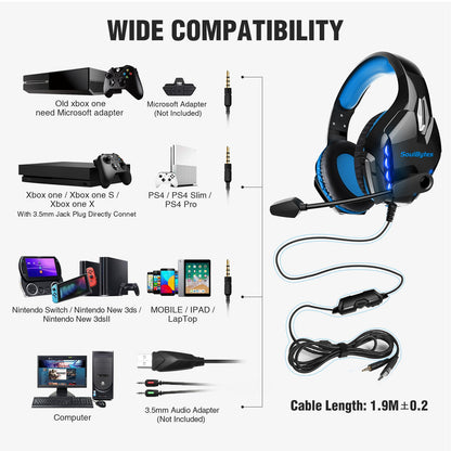 SOULBYTES S11 USB+3.5mm Wired Over-Ear E-sports Headphone Cool LED Light Gaming Headset with Rotatable Microphone