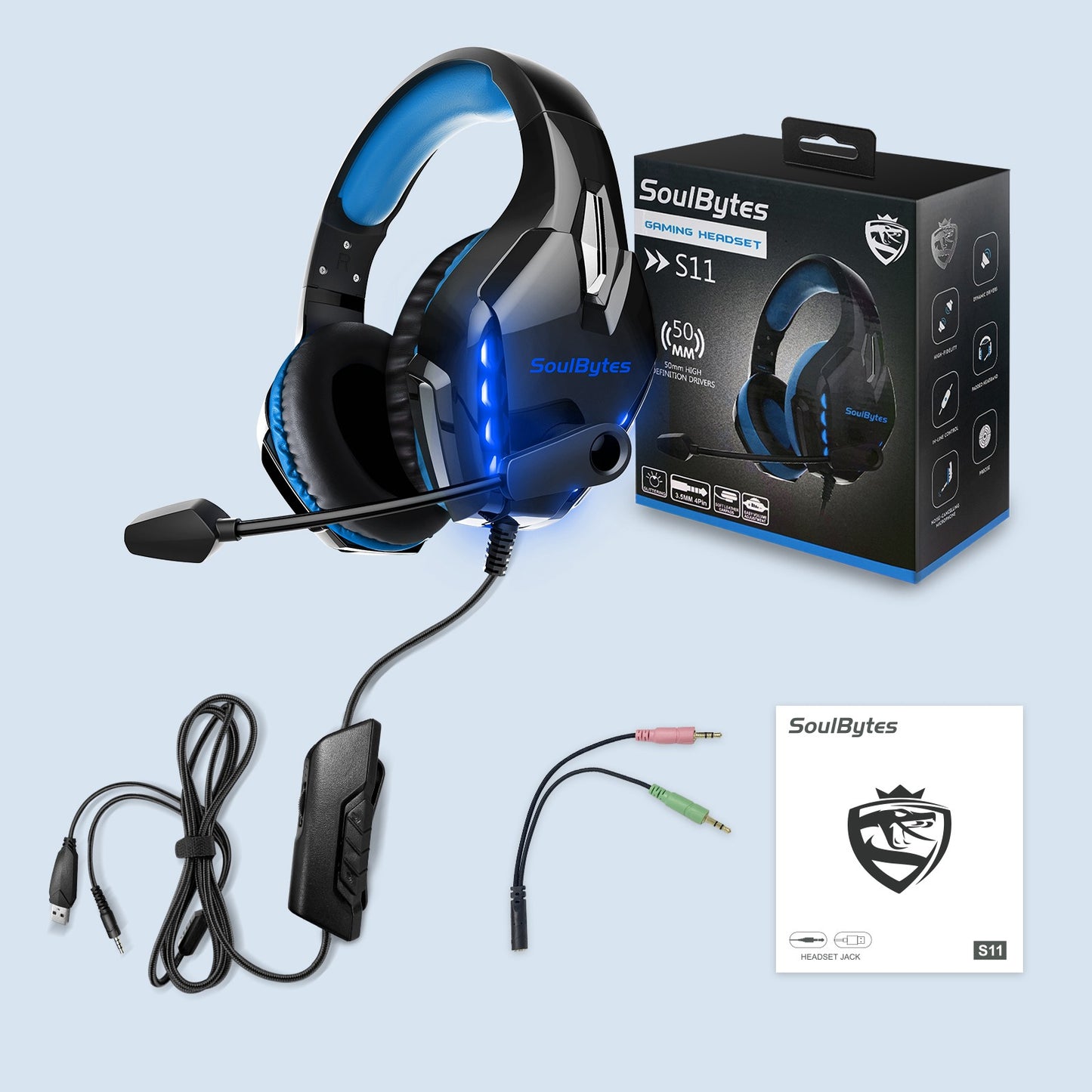 SOULBYTES S11 USB+3.5mm Wired Over-Ear E-sports Headphone Cool LED Light Gaming Headset with Rotatable Microphone