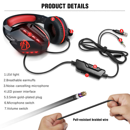 SOULBYTES S11 USB+3.5mm Wired Over-Ear E-sports Headphone Cool LED Light Gaming Headset with Rotatable Microphone