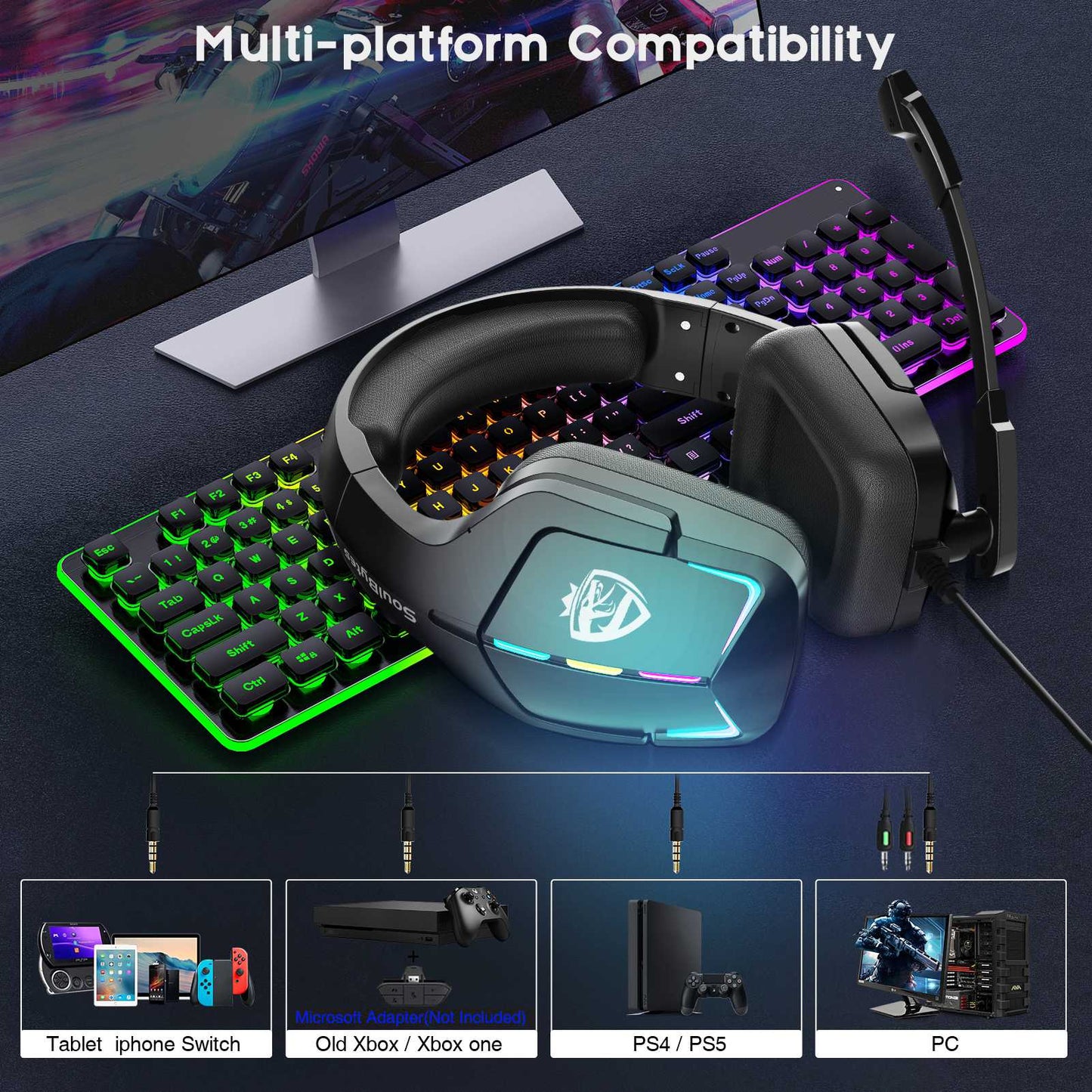 SOULBYTES S12 USB+3.5mm Wired Over-Ear Gaming Headphone RGB LED Light Professional E-sports Headset with Adjustable Microphone