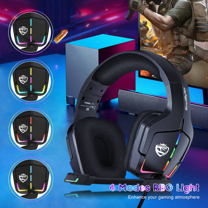 SOULBYTES S12 USB+3.5mm Wired Over-Ear Gaming Headphone RGB LED Light Professional E-sports Headset with Adjustable Microphone