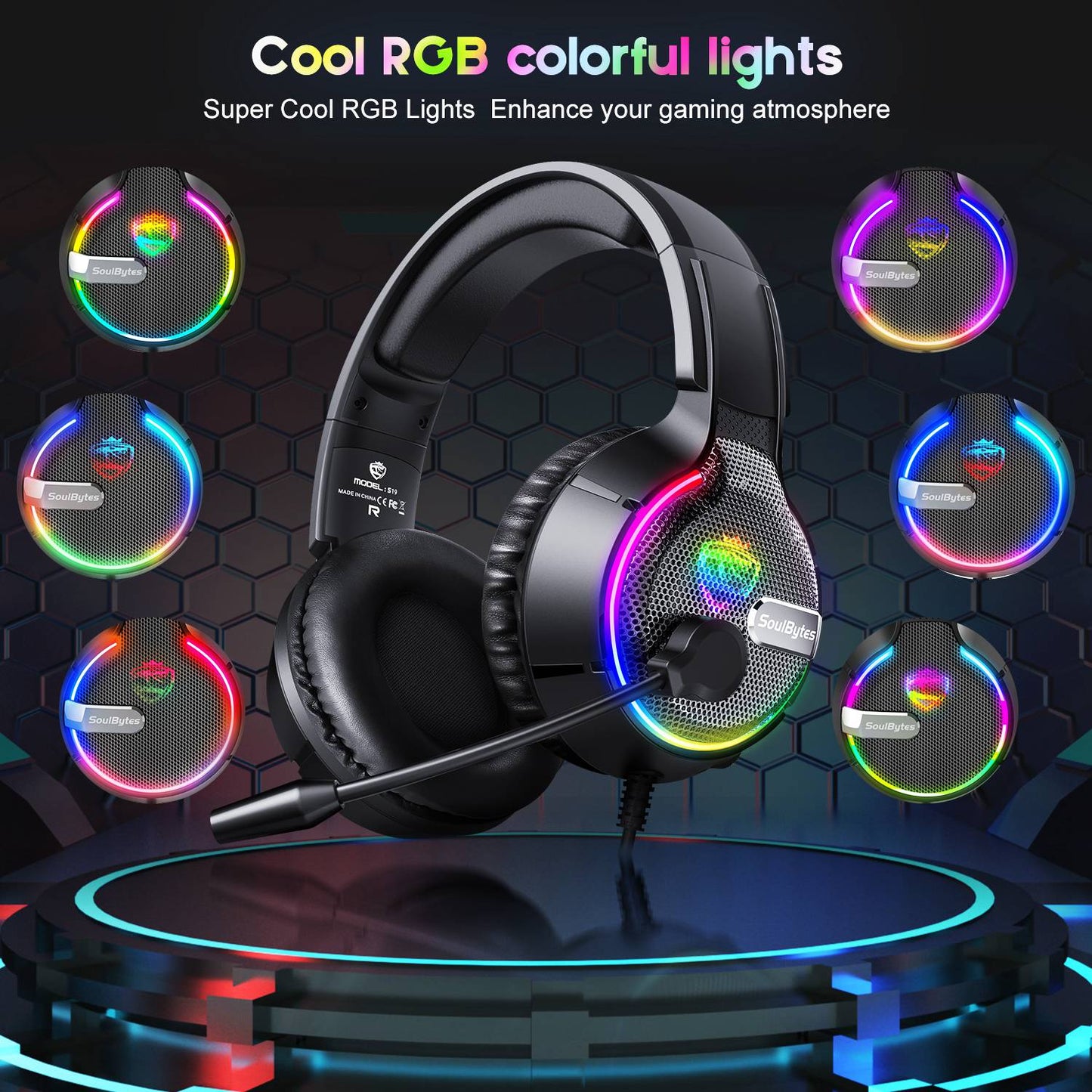 SOULBYTES S19 PC Gaming Headphone HiFi 3D Sound Wired Headset with RGB Colorful Light and Comfortable Headband