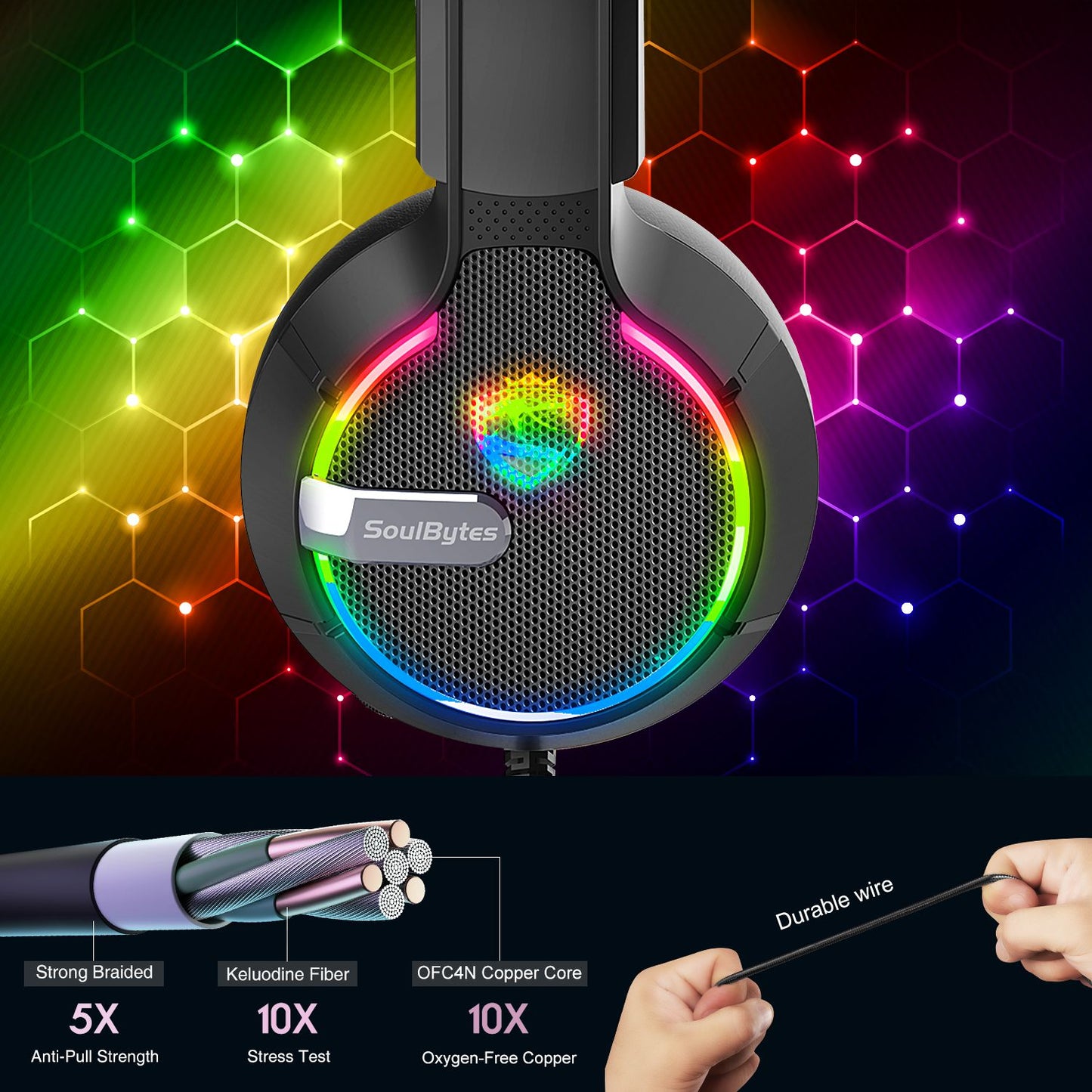 SOULBYTES S19 PC Gaming Headphone HiFi 3D Sound Wired Headset with RGB Colorful Light and Comfortable Headband