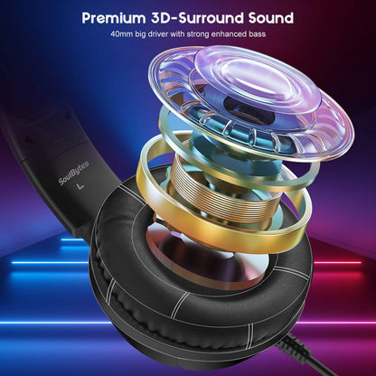 SOULBYTES S19 PC Gaming Headphone HiFi 3D Sound Wired Headset with RGB Colorful Light and Comfortable Headband