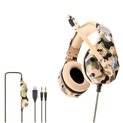 OVLENG GT94 Camouflage Style Wired Gaming Headset Over-Ear E-sports Headphone USB+2x3.5mm LED Lighting Headset with Noise-Canceling Mic