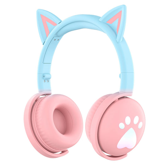 KE28 Cute Cat Ear Kids Wireless Bluetooth Stereo Music Headphone Children Head-mounted Headset with RGB LED Light