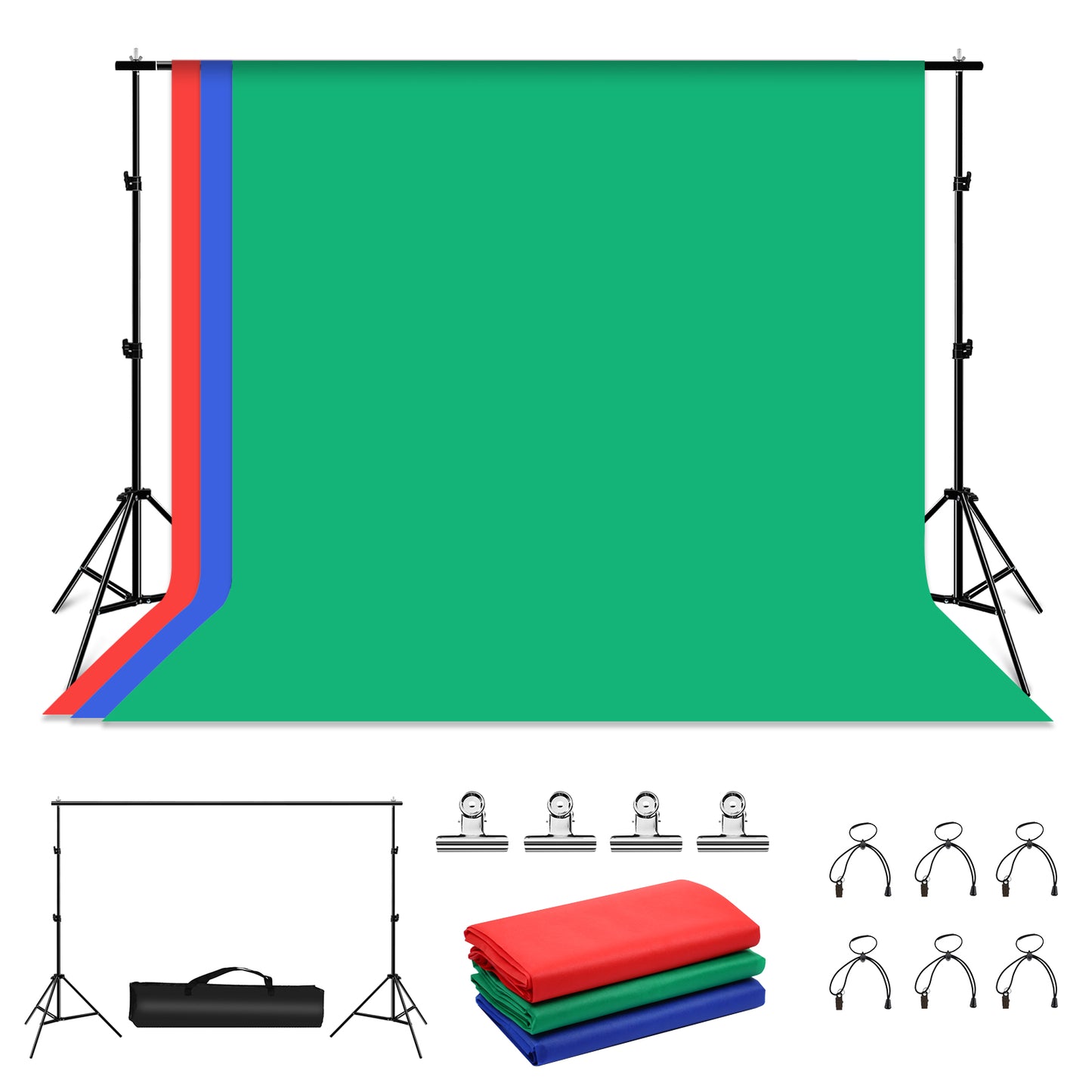 PULUZ PKT5205 Photo Studio 2x2.9m Photography Background Support Stand Backdrop Crossbar Bracket Kit with Red/Blue/Green Backdrops