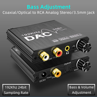 24Bit Digital to Analog Converter 192kHz DAC Bass Volume Control Coaxial SPDIF Toslink to Analog Stereo L/R RCA 3.5mm Jack Audio Adapter