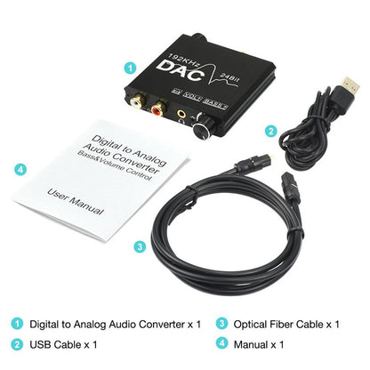 24Bit Digital to Analog Converter 192kHz DAC Bass Volume Control Coaxial SPDIF Toslink to Analog Stereo L/R RCA 3.5mm Jack Audio Adapter