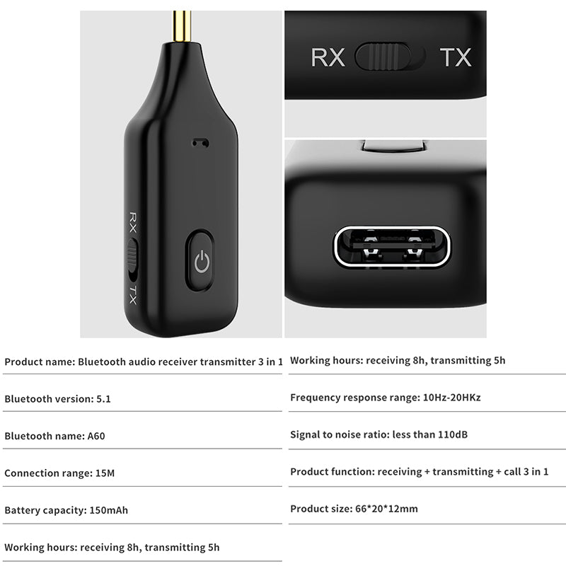 A60 3-in-1 Bluetooth 5.1 Audio Receiver Transmitter Calling 3.5mm Aux Stereo Music Wireless Adapter