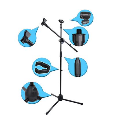 ML03 131cm Expandable Adjustable Boom Height Microphone Stand Tripod Holder with 2 Mic Clips