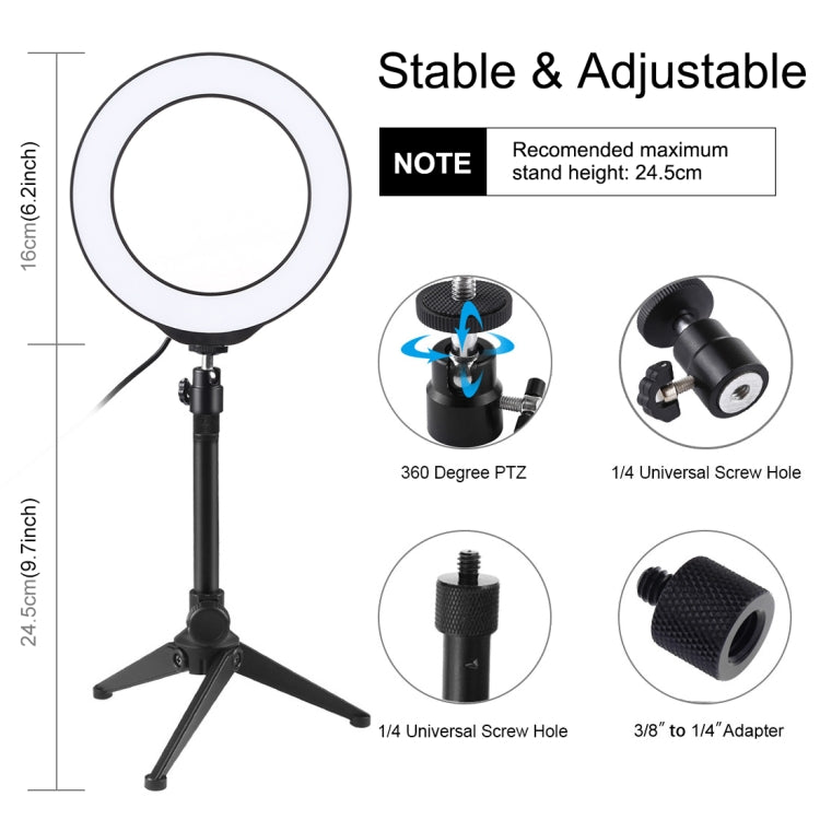 PULUZ 6.2-inch Desktop LED Ring Light 3 Modes Dimmable LED Ring Vlogging Photography Video Lights + Tripod Mount Kit