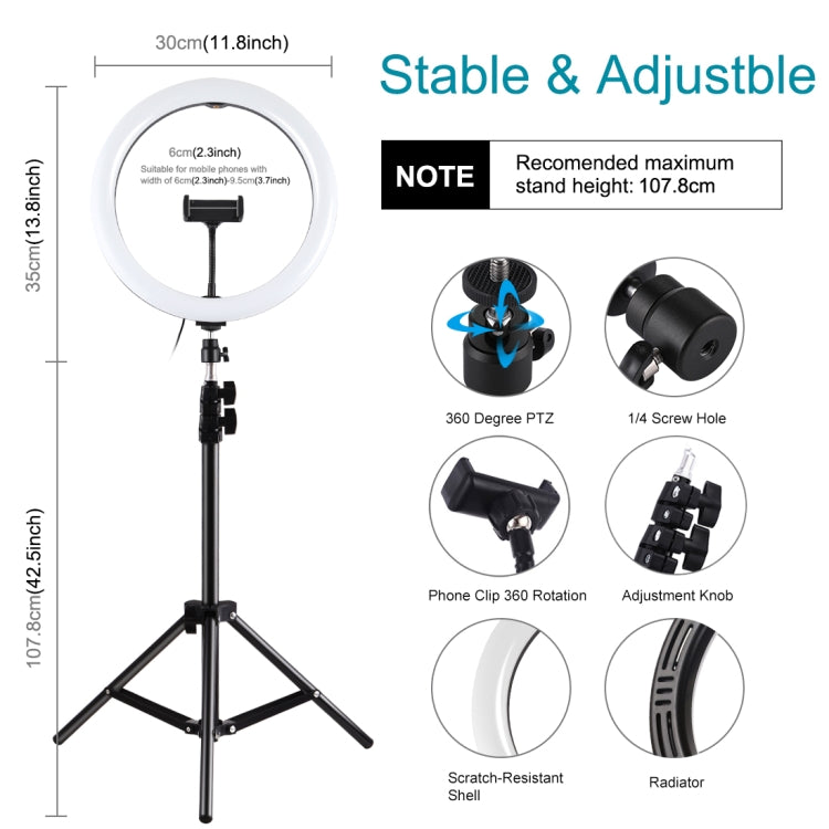 PULUZ 11.8 inch 30cm USB 3 Modes Dimmable LED Ring Vlogging Video Light Live Broadcast Kits with Tripod Stand and Phone Clamp