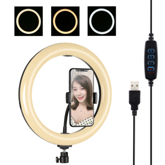 PULUZ 10.2 inch 26cm USB 3 Modes Dimmable Dual Color Temperature LED Curved Diffuse Light Ring Vlogging Selfie Photography Video Lights with Phone Clamp