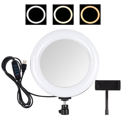 PULUZ PU502 7.9-inch 20cm USB 3 Modes Dimmable Dual Color Temperature LED Curved Light Selfie Photography Video Ring Lights with Mirror