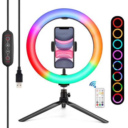 PULUZ 10-inch 26cm Marquee LED RGBWW Light + Desktop Tripod Mount 168 LED Dual-color Temperature Dimmable Ring Lights with Tripod &amp; Remote Control &amp; Phone Clamp