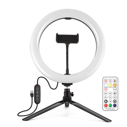 PULUZ 10-inch 26cm Marquee LED RGBWW Light + Desktop Tripod Mount 168 LED Dual-color Temperature Dimmable Ring Lights with Tripod & Remote Control & Phone Clamp