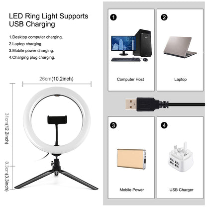 PULUZ 10-inch 26cm Marquee LED RGBWW Light + Desktop Tripod Mount 168 LED Dual-color Temperature Dimmable Ring Lights with Tripod & Remote Control & Phone Clamp