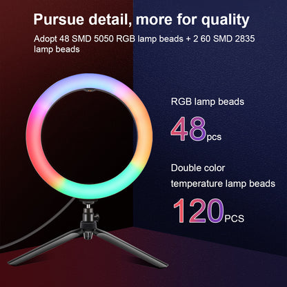 PULUZ 10-inch 26cm Marquee LED RGBWW Light + Desktop Tripod Mount 168 LED Dual-color Temperature Dimmable Ring Lights with Tripod & Remote Control & Phone Clamp