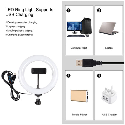 PULUZ PKT3078B 7.9-inch 20cm USB Dimmable Dual Color Temperature LED Ring Light with Phone Clamp + Round Base Desktop Mount