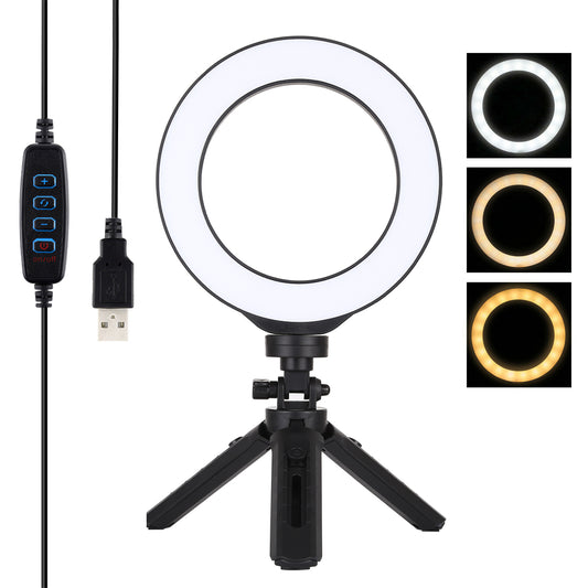 PULUZ PKT3059B 6.2-inch 16cm USB 3 Modes Dimmable Vlogging Photography Video LED Ring Lights + Tripod Mount Kit