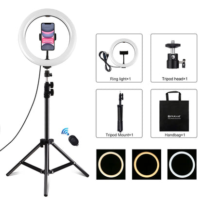 PULUZ PKT3069B 1.1m Tripod Mount + 10.2-inch 26cm Dimmable Dual Color Temperature USB LED Ring Lights Selfie Photography Video Fill Light  with Phone Clamp &amp; Selfie Remote Control