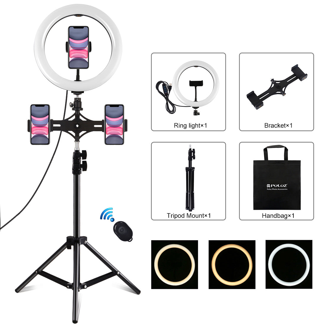 PULUZ PKT3070B Dual Phone Brackets Horizontal Holder + 1.1m Tripod Mount + 10.2-inch 26cm Dimmable Dual Color Temperature LED Ring Lights with Phone Clamp &amp; Selfie Remote Control