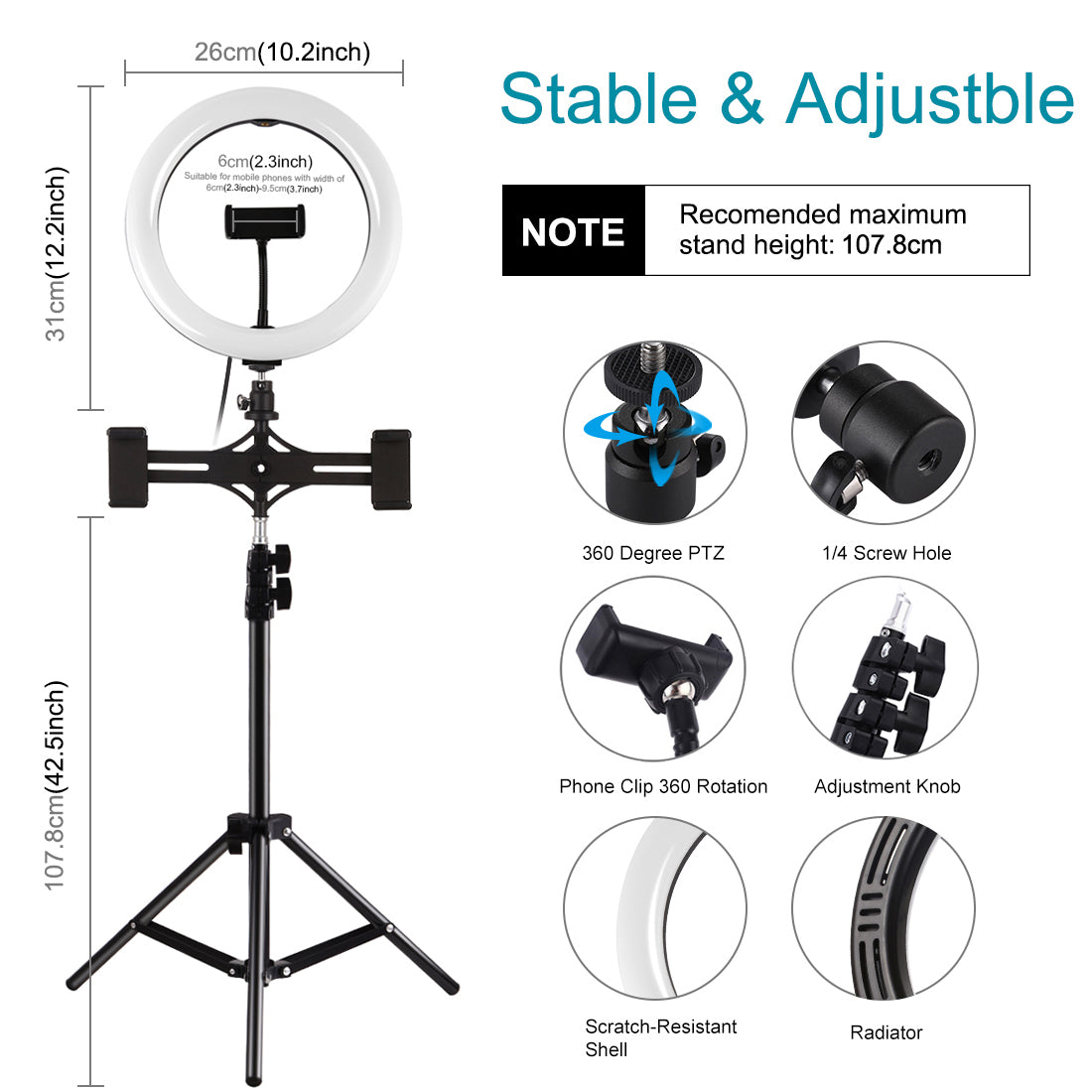 PULUZ PKT3070B Dual Phone Brackets Horizontal Holder + 1.1m Tripod Mount + 10.2-inch 26cm Dimmable Dual Color Temperature LED Ring Lights with Phone Clamp & Selfie Remote Control