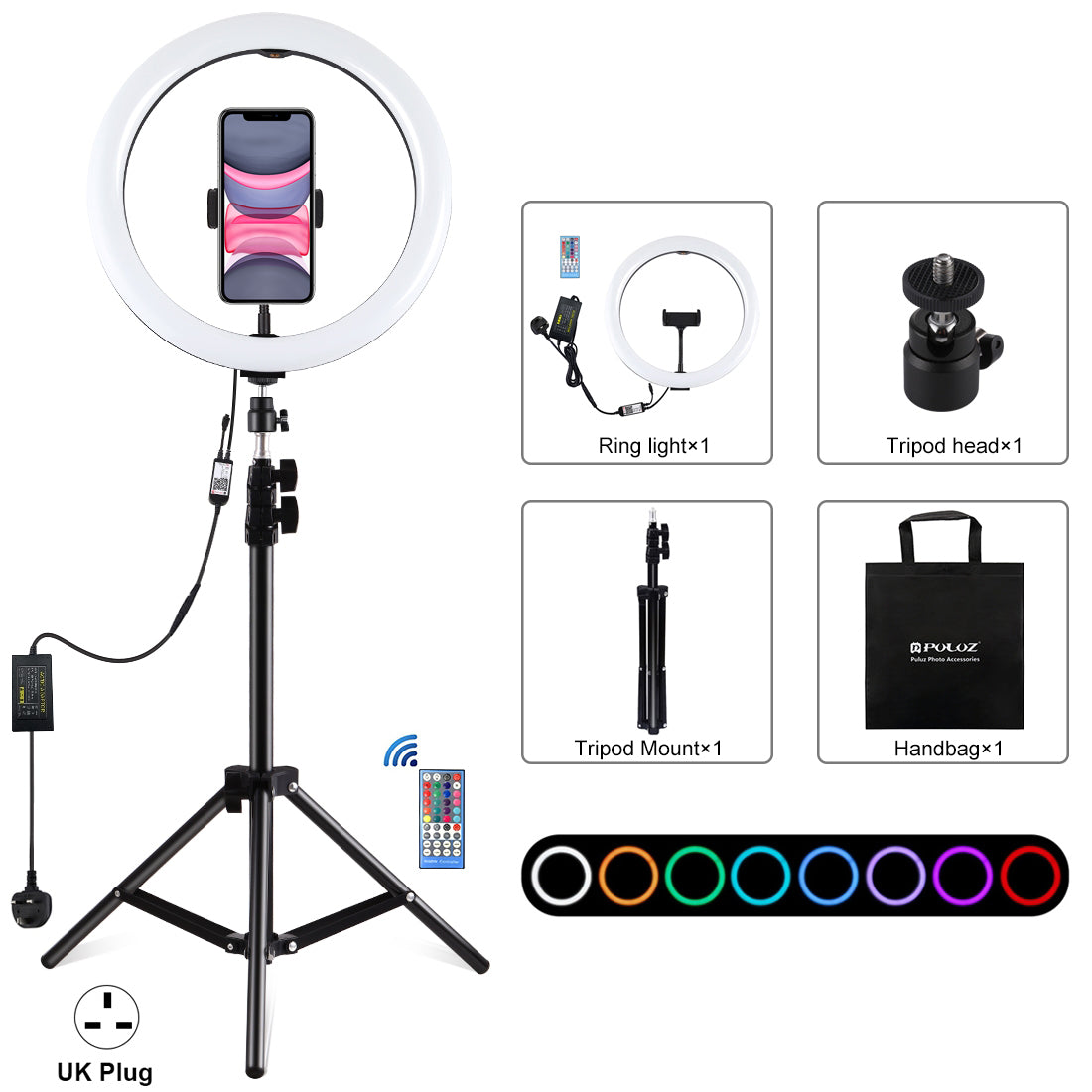 PULUZ PKT3050 12-inch RGB Light 1.1m Tripod Mount Dimmable Selfie Photography Video LED Ring Lights Live Broadcast Kits