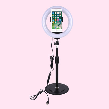 8-inch Dimmable LED Ring Light Fill Light with Round Base Stand and Phone Clamp