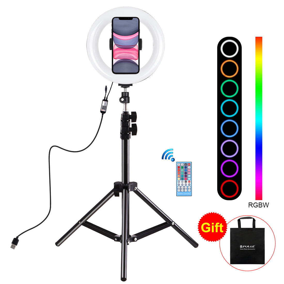 PULUZ 7.9-inch 20cm USB RGB Light+ 1.1m Tripod Mount Dimmable LED Dual Color Temperature LED Curved Light Ring Vlogging Selfie Photography Video Lights with Phone Clamp