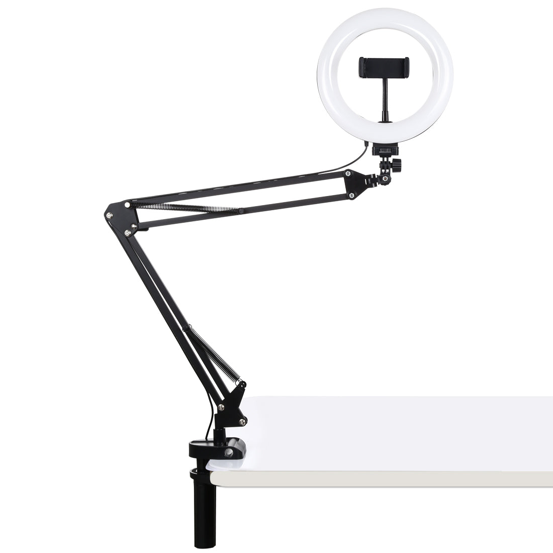 PULUZ 7.9 inch 20cm Ring Curved Light + Desktop Arm Stand USB 3 Modes Dimmable Dual Color Temperature LED Vlogging Selfie Photography Video Lights with Phone Clamp