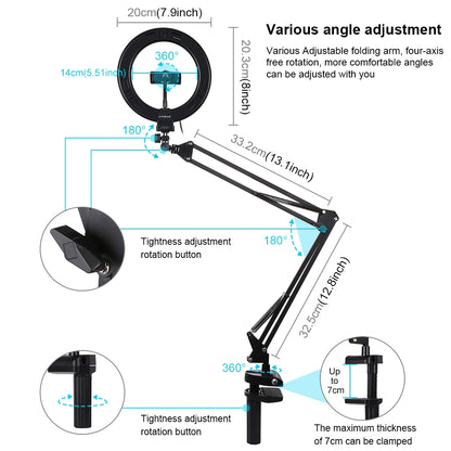 PULUZ 7.9 inch 20cm Ring Curved Light + Desktop Arm Stand USB 3 Modes Dimmable Dual Color Temperature LED Vlogging Selfie Photography Video Lights with Phone Clamp