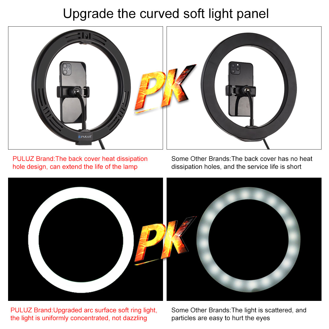 PULUZ 7.9 inch 20cm Ring Curved Light + Desktop Arm Stand USB 3 Modes Dimmable Dual Color Temperature LED Vlogging Selfie Photography Video Lights with Phone Clamp