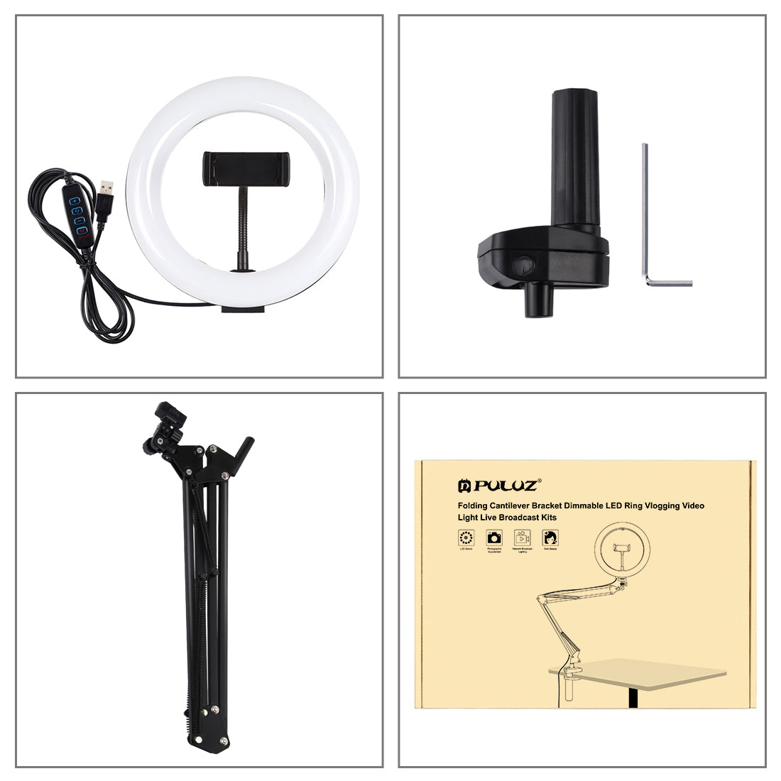 PULUZ 7.9 inch 20cm Ring Curved Light + Desktop Arm Stand USB 3 Modes Dimmable Dual Color Temperature LED Vlogging Selfie Photography Video Lights with Phone Clamp