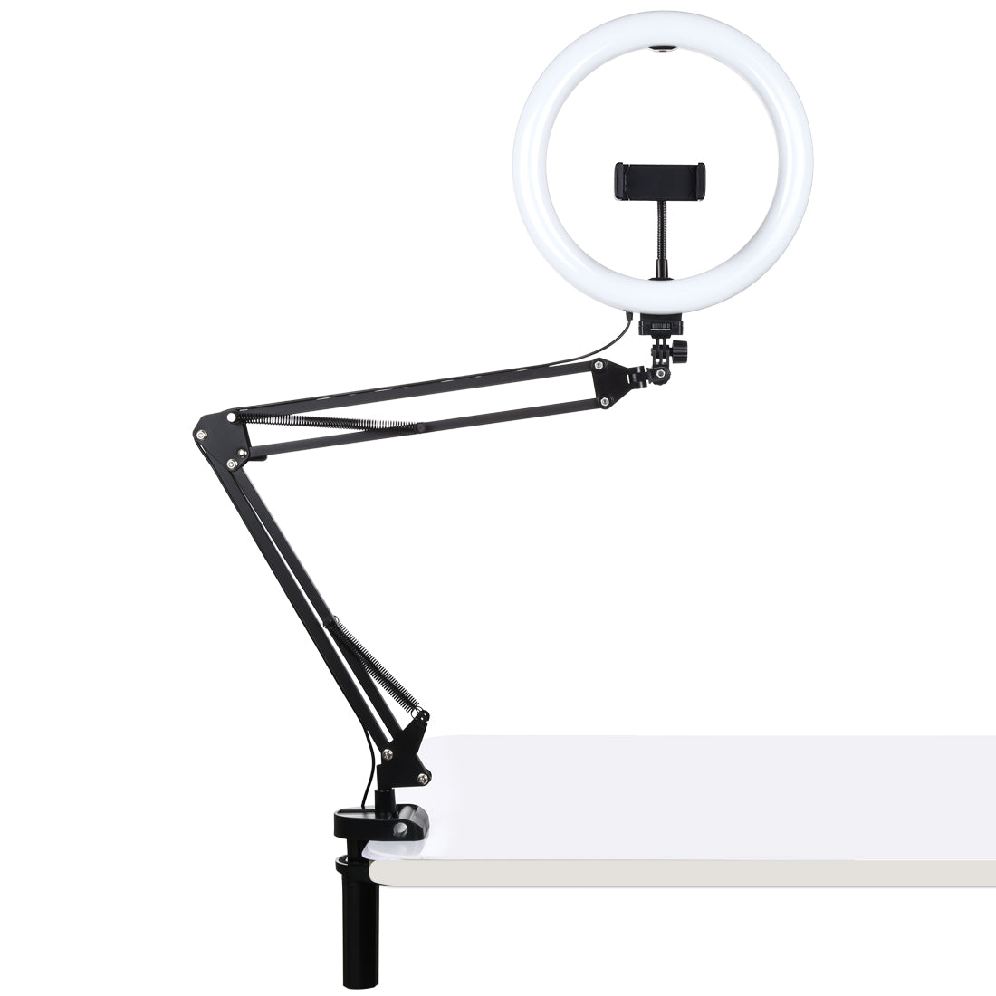 PULUZ 10.2-inch 26cm Ring Curved Light + Desktop Arm Stand USB 3 Modes Dimmable Dual Color Temperature LED Vlogging Selfie Photography Video Lights with Phone Clamp