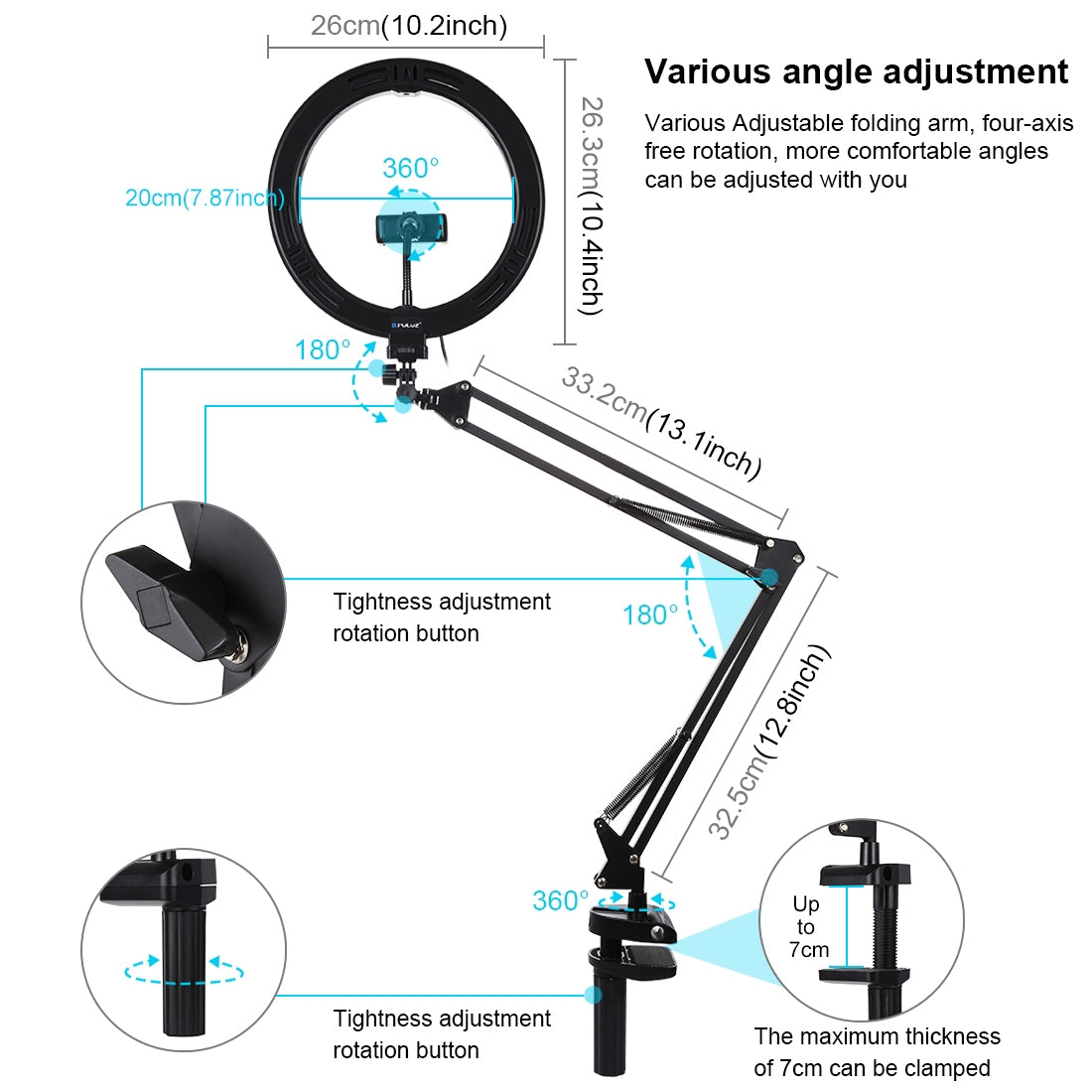 PULUZ 10.2-inch 26cm Ring Curved Light + Desktop Arm Stand USB 3 Modes Dimmable Dual Color Temperature LED Vlogging Selfie Photography Video Lights with Phone Clamp