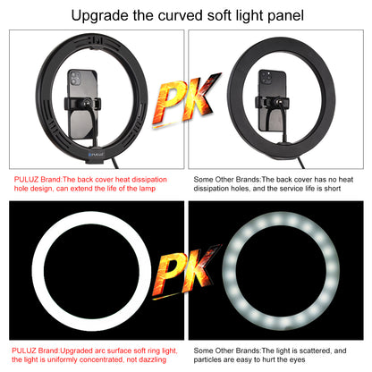 PULUZ 10.2-inch 26cm Ring Curved Light + Desktop Arm Stand USB 3 Modes Dimmable Dual Color Temperature LED Vlogging Selfie Photography Video Lights with Phone Clamp