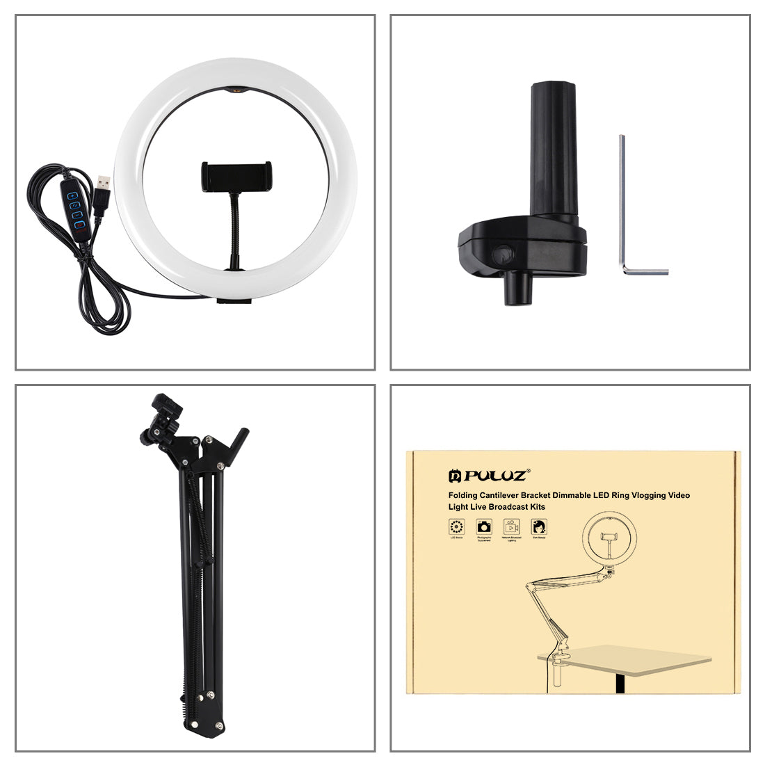 PULUZ 10.2-inch 26cm Ring Curved Light + Desktop Arm Stand USB 3 Modes Dimmable Dual Color Temperature LED Vlogging Selfie Photography Video Lights with Phone Clamp