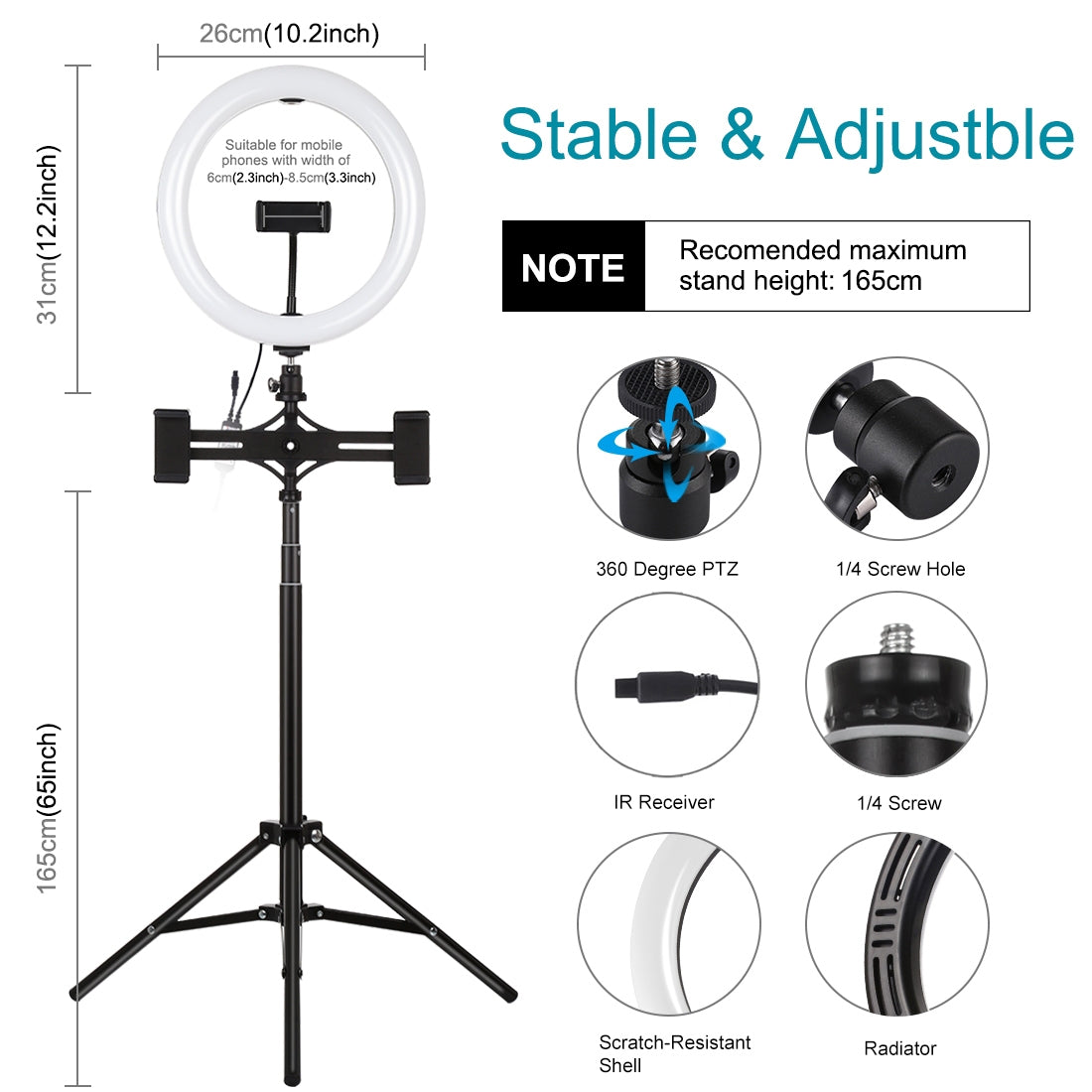 PULUZ 10.2 inch 26cm RGBW Light + 1.65m Tripod Mount + Dual Phone Bracket Curved Surface USB RGBW Dimmable LED Ring Vlogging Video Light Live Broadcast Kit