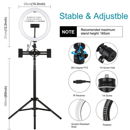 PULUZ 10.2 inch 26cm RGBW Light + 1.65m Tripod Mount + Dual Phone Bracket Curved Surface USB RGBW Dimmable LED Ring Vlogging Video Light Live Broadcast Kit