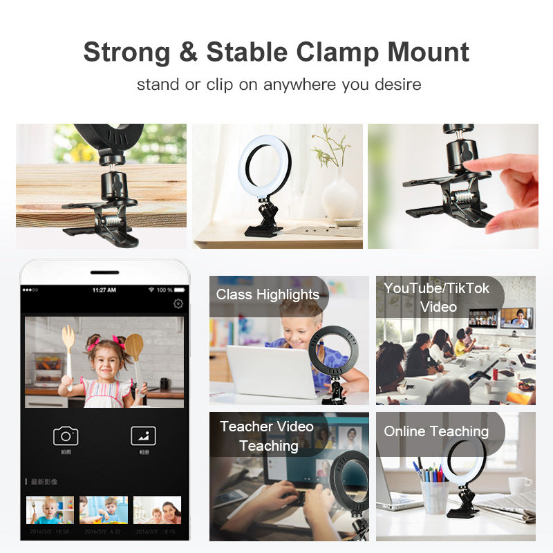 Live Broadcast Video Shooting 6inch 3 Color Modes LED Selfie Ring Light + Clamp Mount