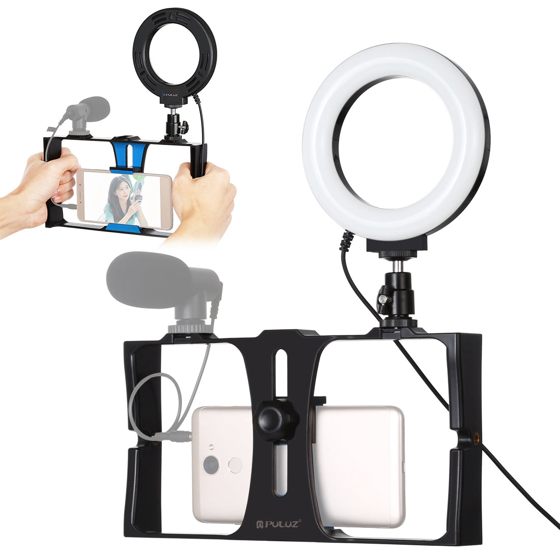 PULUZ PKT3026 Handheld Cage Rig Kit Cell Phone Ring Fill Light with Adapter for Photography Live Streaming