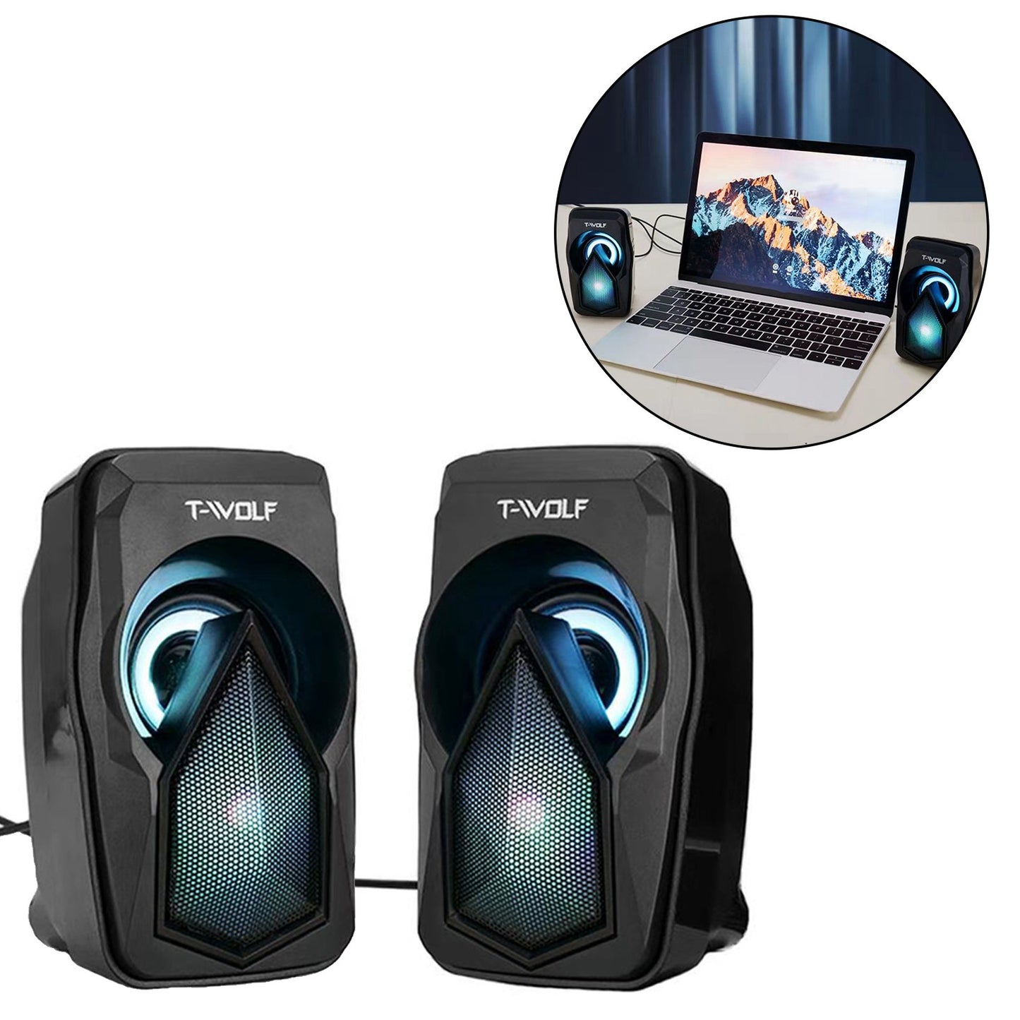 T-WOLF S11 1Pair Small Computer Speakers with RGB Light USB Powered Bass Stereo Subwoofer Speaker for Laptop, Mobile Phone, MP3, MP4