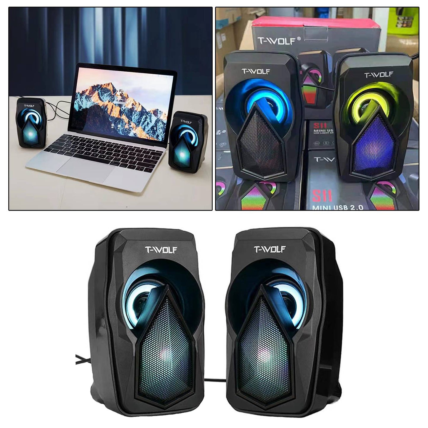 T-WOLF S11 1Pair Small Computer Speakers with RGB Light USB Powered Bass Stereo Subwoofer Speaker for Laptop, Mobile Phone, MP3, MP4