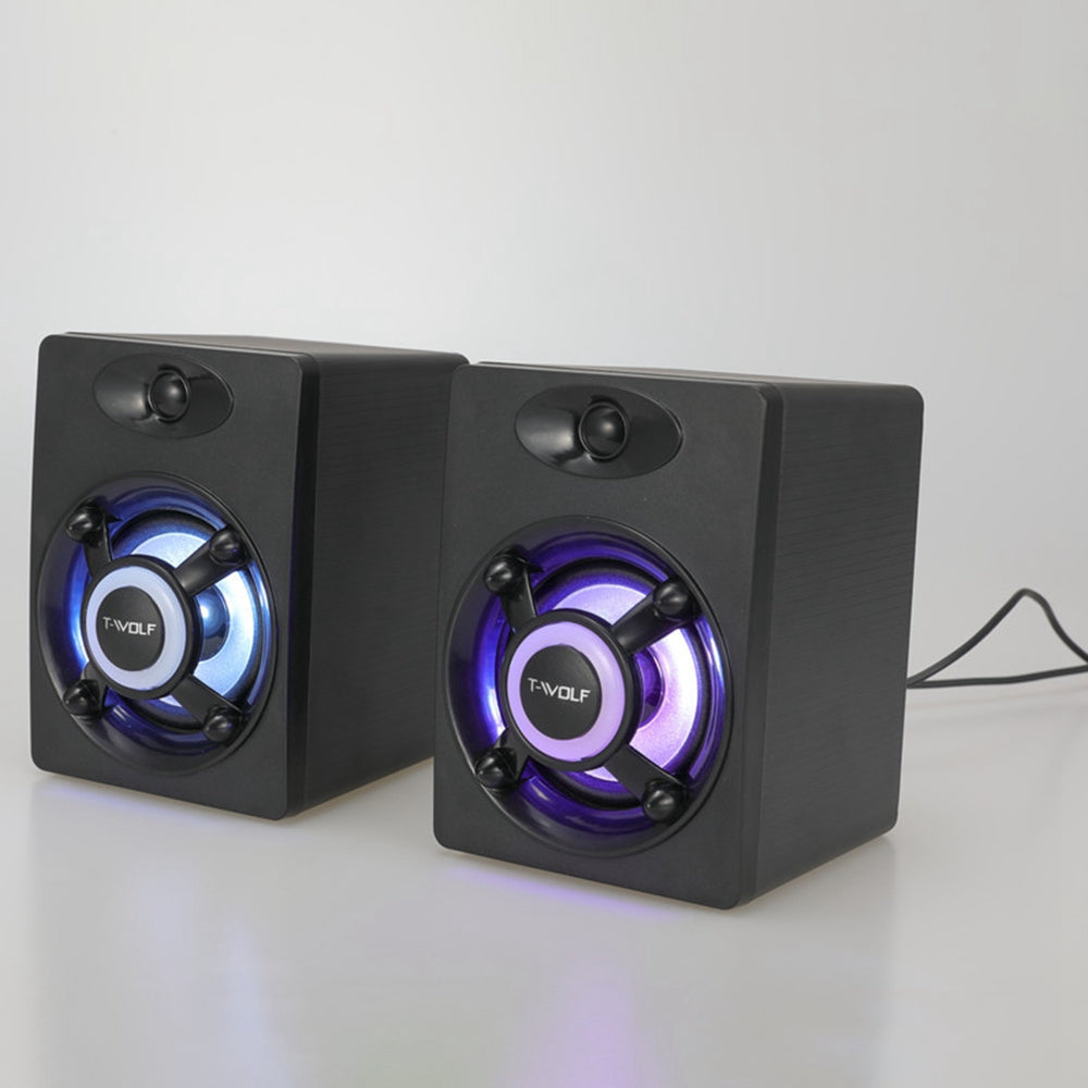 T-WOLF S1 1Pair Desktop Speaker with LED Light USB Powered Mini Speaker External Sound Amp for Laptop Computer